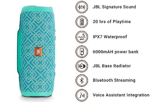 JBL Charge 3 by Harman Portable Bluetooth Speaker with Upto 20 Hours Playtime, Built-in 6000 mAh Powerbank & IPX7 Waterproof (with Mic, Mosaic) JBL Charge 3 by Harman Portable Bluetooth Speaker with Upto 20 Hours Playtime, Built-in 6000 mAh Powerbank & IPX7 Waterproof (with Mic, Mosaic)